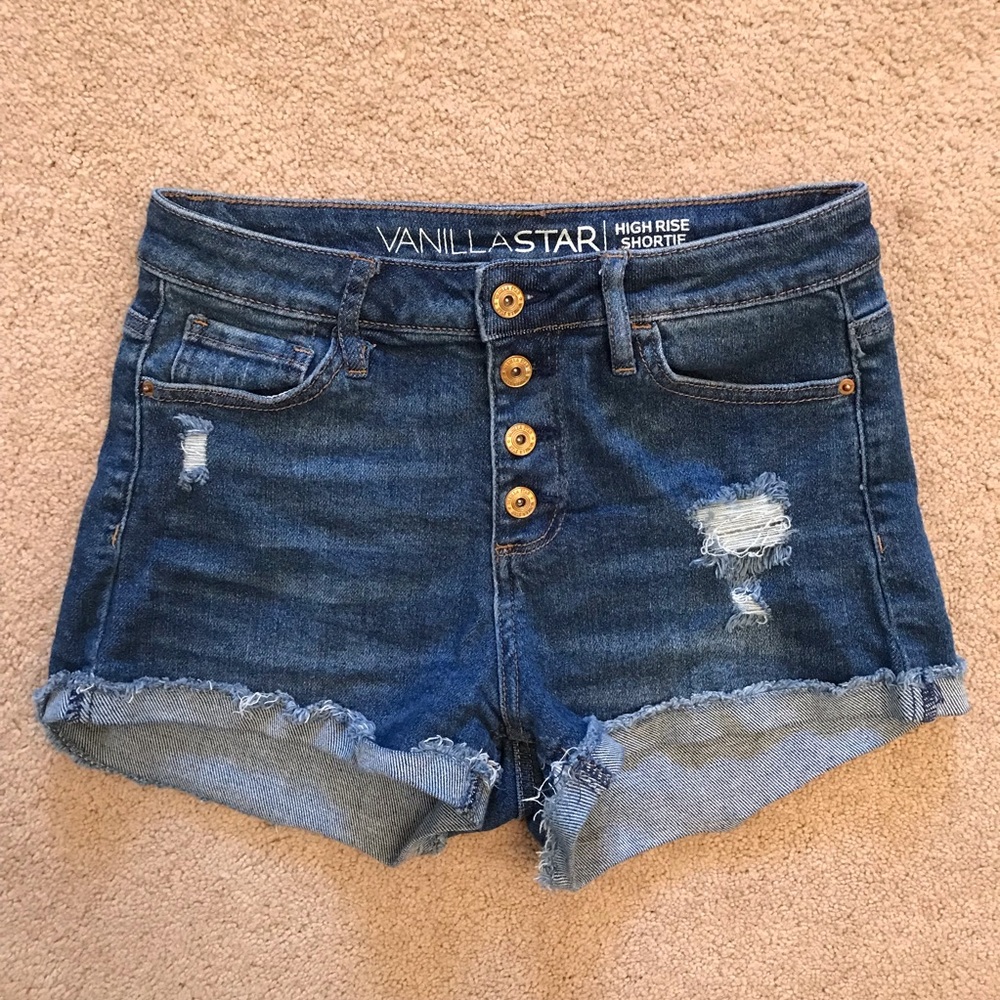 Vanilla Star High Waist Distressed Denim Shorts Size 5 Button Fly Blue Retro y2k